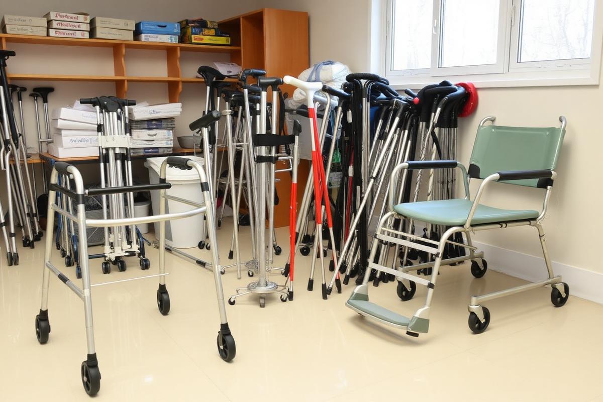 Donated walkers, crutches and mobility equipment ready for reuse