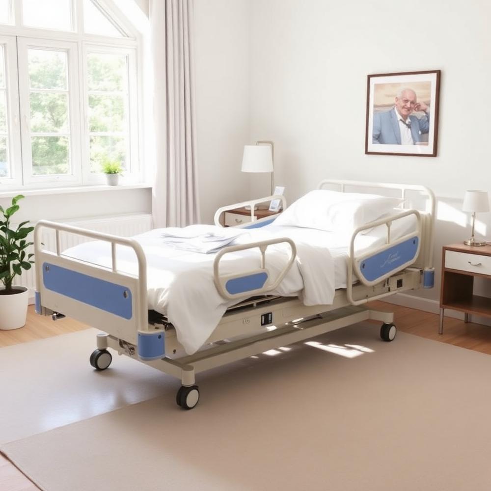 Adjustable hospital bed set up in a bright bedroom