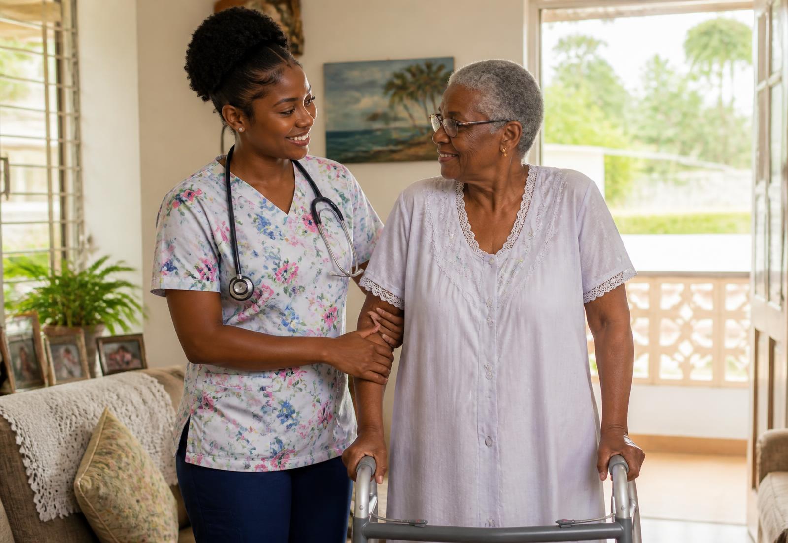Liberty Nursing caregiver helping an elderly client walk with a walker at home