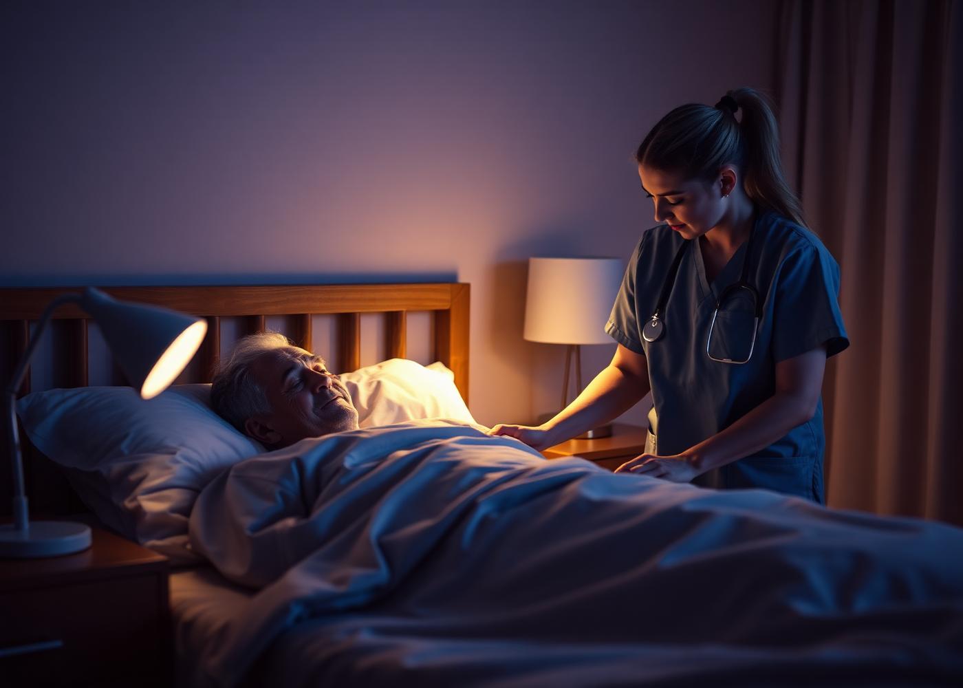 Caregiver checking on a sleeping patient during an overnight shift